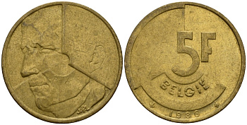 Бельгия 5 франков 1986 Belgie, Бодуэн I (1951-1993) KM 164 алюминиевая бронза 4601-236