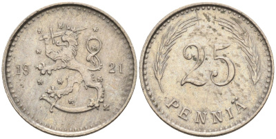 Финляндия 25 пенни 1921 Н KM 25 медно-никель 96-555