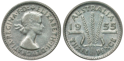 Австралия 3 пенса 1955 m, Елизавета II (1952-2022) KM 57 серебро 71-423