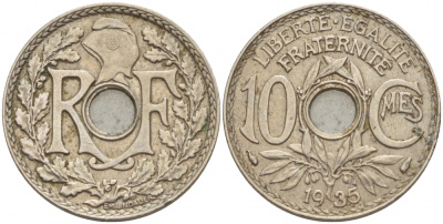 ФРАНЦИЯ 10 САНТИМОВ 1935 ТИП ЛИНДАЙЁ KM 866а, LE FRANC 138.22 медно-никель 4548-447