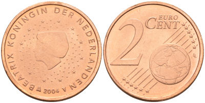 Нидерланды 2 евроцента 2004  КМ 235 сталь плакированная медью UNC   4160-1147