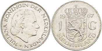 Нидерланды 1 гульден 1967 Юлиана (1948-1980) KM 184а никель 213-947