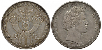Бавария 1 талер 1827 Баварско-Вюртембергский таможенный союз AKS 116, Dav. 559, Kahnt 79, Thun 52 серебро 00-811-16
