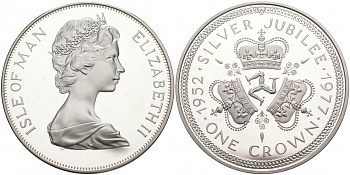 Остров Мэн 1 крона 1977 Серебряный юбилей правления королевы Елизаветы II, три короны KM 41a серебро PROOF 02-035-42