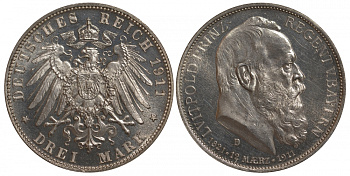 Бавария 3 марки 1911 D, 90 лет принц-регенту Баварии Луитпольду Weege 49, J. 49, KM 517 серебро PROOF 10-014-31