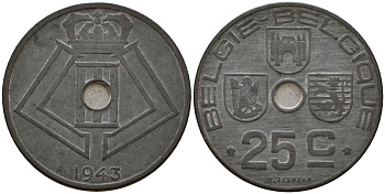 Бельгия 25 сантимов 1943 Belgie - Belgique KM 132 цинк 33-1224