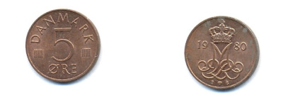 ДАНИЯ 5 ЭРЕ 1980 B; B, МАРГРЕТЕ II (1972-) KM 859.2 железо плакированное медью 23-521
