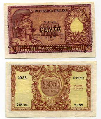 Италия 100 лир 1951 Афина в шлеме, Di Cristina, Cavallaro Pick 92 b бумага 8588-14-1-2