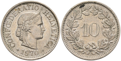 Швейцария 10 раппенов 1970  KM 27 медно-никель    4152-1142