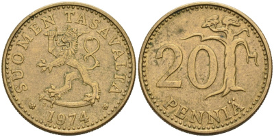 Финляндия 20 пенни 1974 S KM 47 KM 47 алюминиевая бронза 4563-321