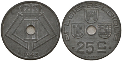 Бельгия 25 сантимов 1943 Belgie - Belgique KM 132 цинк 33-1224
