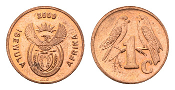 ЮАР 1 цент 2000 герб, капские воробьи KM 221 сталь плакированная медью UNC 4694-153