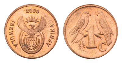 ЮАР 1 цент 2000 герб, капские воробьи KM 221 сталь плакированная медью UNC 4694-153