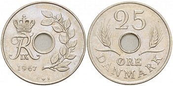 ДАНИЯ 25 ЭРЕ 1967 С; S, ФРЕДЕРИК IX (1947-1972) KM 855.1 медно-никель 4402-1243