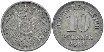 ГЕРМАНИЯ 10 ПФЕННИГОВ 1921 KM 26, J. 299 цинк 4401-151