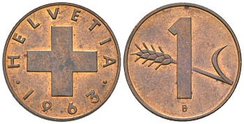 Швейцария 1 раппен 1963 B KM 46 бронза aUNC 4115-1122