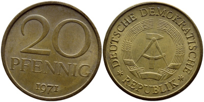 ГДР 20 пфеннигов 1971 А KM 11 латунь UNC 54-1453