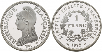 Франция 1 франк 1992 200 лет Французской республике KM 1005 серебро PROOF 1099-2-25