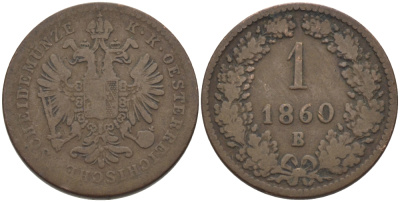АВСТРИЯ 1 КРЕЙЦЕР 1860 В KM 2186 медь 100-132
