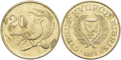 Кипр 20 центов 1983 птичка KM 57.1 никель латунь 4140-722