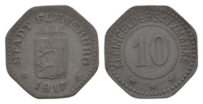 Фленсбург 10 пфеннигов 1917 Funck 131.3, Men05 7331.6, Men18 9227.6 цинк 4532-1039