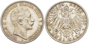 Пруссия 2 марки 1903 A, Вильгельм II (1888-1918) J.102, Weege 101, KM 522 серебро 1519-324