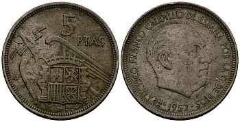 Испания 5 песет 1957 Франсиско Франко (1939-1975) KM 786 медно-никель 4176-437