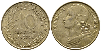 ФРАНЦИЯ 10 САНТИМОВ 1974 ТИП MARIANNE KM 929, LE FRANC 144.14 алюминиевая бронза 26-956