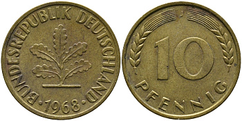 ФРГ 10 ПФЕННИГОВ 1968 J KM 108, J.383 сталь плакированная латунью 98-422