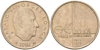 Норвегия 20 крон 2002 200 лет со дня рождения Нильса Хенрика Абеля, Харальд V (1991-) KM 471 никель латунь 4131-111