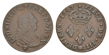 Франция 4 денье 1707 BB, Людовик XIV (1643-1715) KM 310 медь 443-1622