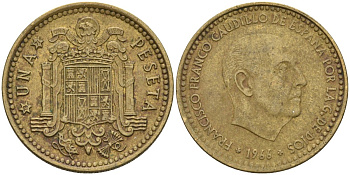 Испания 1 песета 1966 (71) Франсиско Франко (1939-1975) KM 796 алюминиевая бронза 4604-355