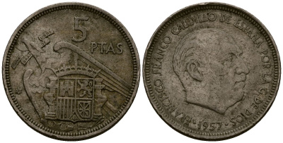 Испания 5 песет 1957 Франсиско Франко (1939-1975) KM 786 медно-никель 4176-437