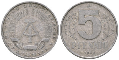 ГДР 5 пфеннигов 1968 А KM 9.1 алюминий 4625-217