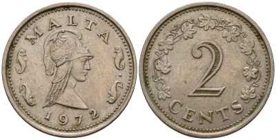 Мальта 2 цента 1972 Пентесилея, царица амазонок KM 9 медь цинк 4154-655