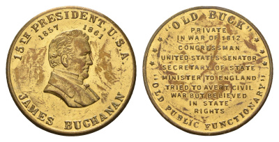 США медаль в честь Джеймс Бьюкенен, 15-го президента США (1897-1901) XX век диаметр 25 мм, вес 5,4 гр латунь 4128-934
