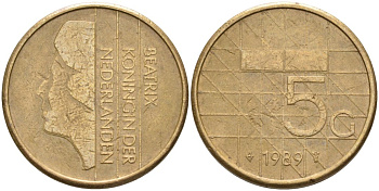Нидерланды 5 гульденов 1989 Беатрикс (1980-2013) KM 210 никель плакированный бронзой 4572-843