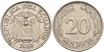 Эквадор 20 сентаво 1959 первый год KM 77.1с сталь плакированная никелем 4595-645