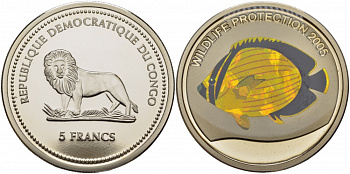 Конго 5 франков 2005 защита дикой природы, рыба бабочка, галограмма KM 179 медно-никель BUNC 1071-10-13