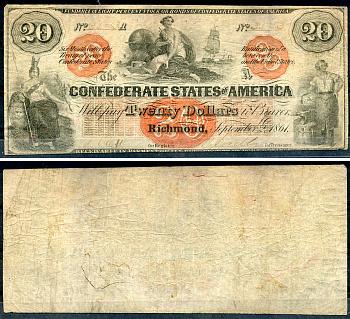 Конфедеративные Штаты Америки 20 долларов 1861 № 3543. Минерва, кузнец Friedberg № CS-19 (T-19)  бумага   10-3-17