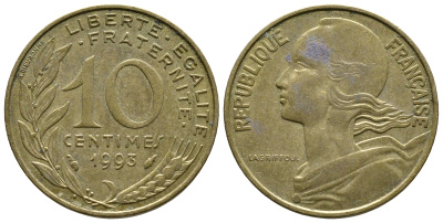 Франция 10 сантимов 1993 тип Марианна KM 929, LE FRANC 144.35 медь алюминий никель 3461-232