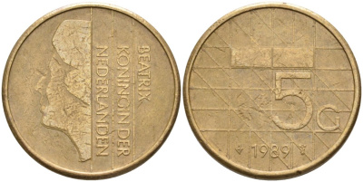 Нидерланды 5 гульденов 1989 Беатрикс (1980-2013) KM 210 никель плакированный бронзой 4572-843