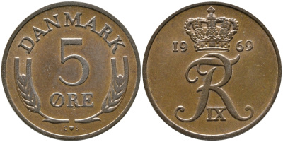 ДАНИЯ 5 ЭРЕ 1969 C; S, ФРЕДЕРИК IX (1947-1972) KM 848.1 бронза 28-1054