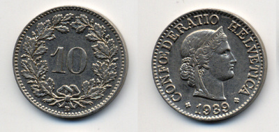 Швейцария 10 раппенов 1939 B KM 27b никель     54-752