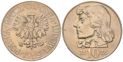 Польша 10 злотых 1969 MW, Тадеуш Костюшко KM 50a медно-никель UNC 4599-625