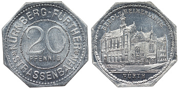 Германия, Нюрнберг - Фюрт 20 пфеннигов ND трамвайный жетон, Берольцхаймерианум алюминий UNC 4119-616