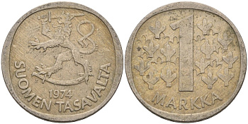 ФИНЛЯНДИЯ 1 МАРКА 1974 KM 49а медно-никель 4573-711