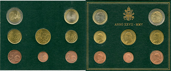 Ватикан евронабор из 8 монет 2005 Папа Иоанн Павел II, в оригинальном буклете KM MS 111 биметалл UNC 7-1-1-11