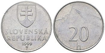 Словакия 20 геллеров 1999 MK, редкий год KM 18 алюминий aUNC 4164-556