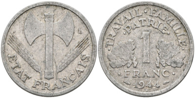 Франция 1 франк 1944 правительство Виши KM 902.1, Le Franc 223.5 алюминий 4591-1055